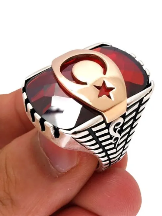 Kırmızı Zirkon Taşlı Ay Yıldızlı Erkek Gümüş Yüzük