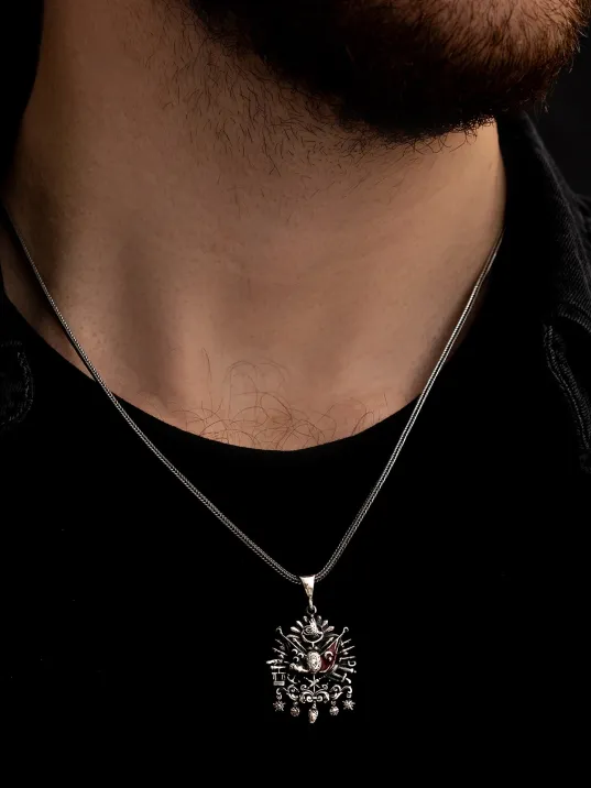 Renkli Osmanlı Arması Sancağı Erkek Gümüş Kolye Zincir