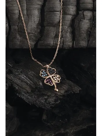 Rose Renk Mix Zirkon Taşlı Yonca Bayan 925 Ayar Gümüş Kolye GKLMIXKOLYE-ALT