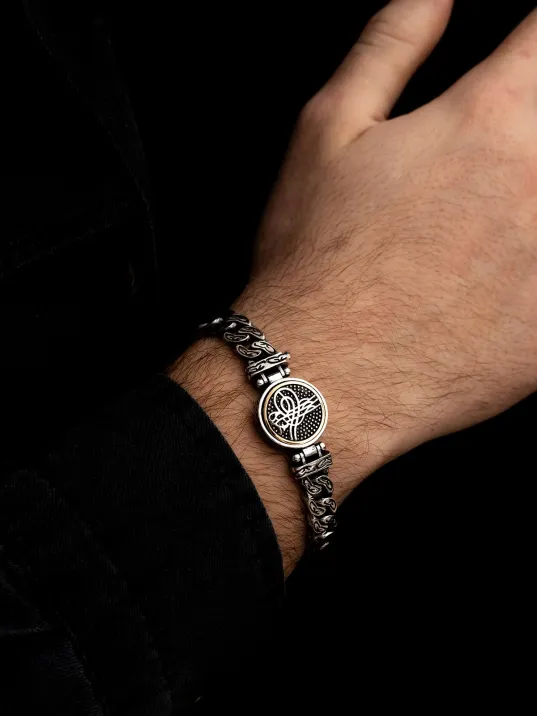 Erkek Gümüş Bileklik - Osmanlı Tuğrası İşlemeli Ortası Dönen Model Gümüş Bileklik