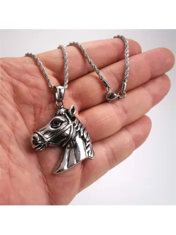 At Kafası Çelik Erkek Kolye Zincir Gümüş Renk