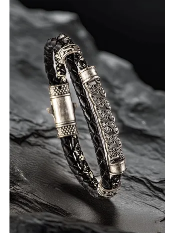 Siyah Örgü Deri Erkek Bileklik – Antik Gümüş Motifli Klipsli Tasarım Şık Model