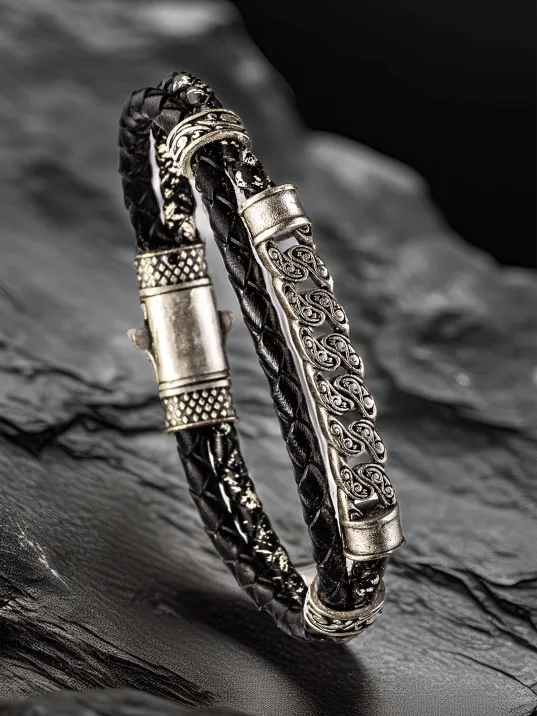 Siyah Örgü Deri Erkek Bileklik – Antik Gümüş Motifli Klipsli Tasarım Şık Model