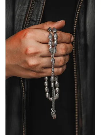 Erkek Tesbih - Zühre Oksitli 925 Ayar Gümüş Erkek Tespih Büyük Boy 42gr