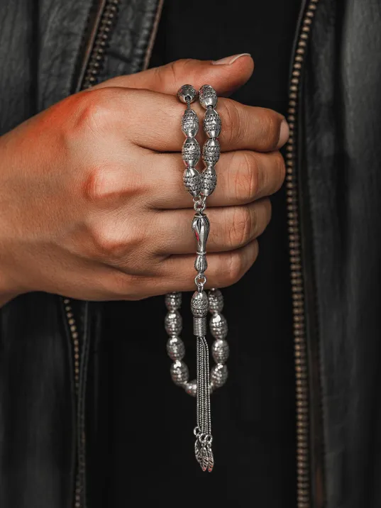 Erkek Tesbih - Zühre Oksitli 925 Ayar Gümüş Erkek Tespih Büyük Boy 42gr