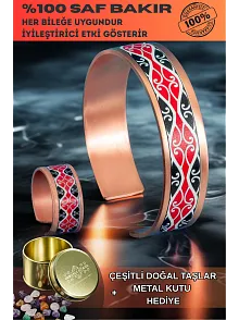 Kadın Bakır Bileklik Yüzük Set - Luna Model Özel Baskı Metal Kutu Ve Doğal Taşlar