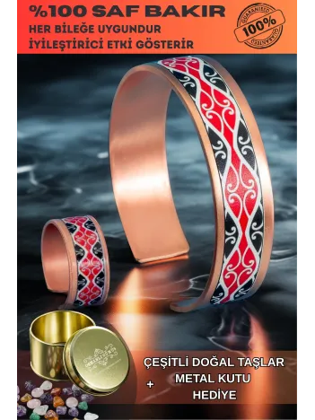 Kadın Bakır Bileklik Yüzük Set - Luna Model Özel Baskı Metal Kutu Ve Doğal Taşlar