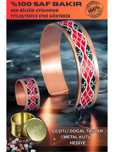 Kadın Bakır Bileklik Yüzük Set - Luna Model Özel Baskı Metal Kutu Ve Doğal Taşlar