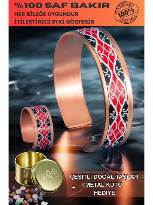 Kadın Bakır Bileklik Yüzük Set - Luna Model Özel Baskı Metal Kutu Ve Doğal Taşlar