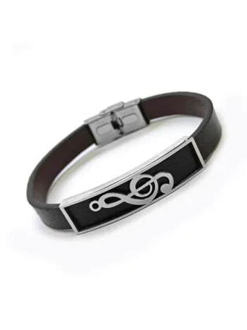 Sol Anahtarı Motif Suni Deri Çelik Erkek Bileklik CBLSOLANHTR-SYH