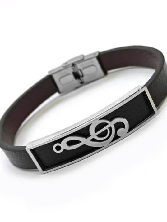 Sol Anahtarı Motif Suni Deri Çelik Erkek Bileklik CBLSOLANHTR-SYH