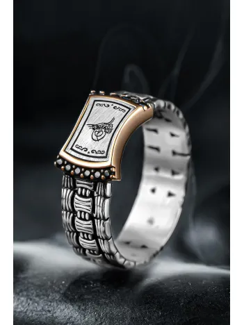 Erkek Gümüş Yüzük - Örgü Model Zirkon Taşlı Osmanlı Tuğrası İşlemeli Erkek Yüzük