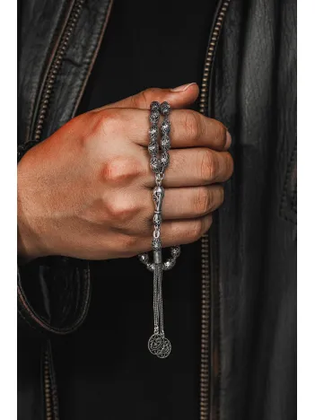 Erkek Tesbih - Letafet Oksitli 925 Ayar Gümüş Erkek Tespih Orta Boy 25gr