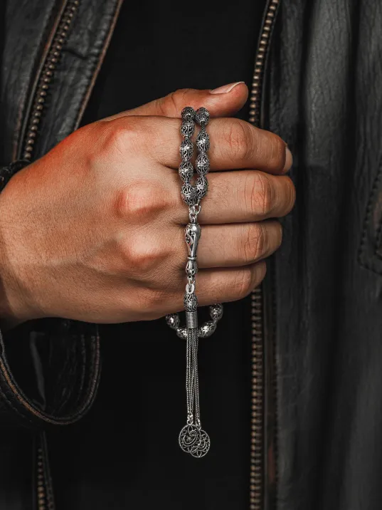 Erkek Tesbih - Letafet Oksitli 925 Ayar Gümüş Erkek Tespih Orta Boy 25gr