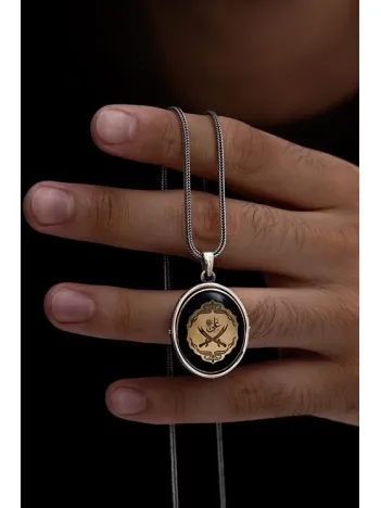 Çift Taraflı Hz Ali Ve Zülfikar Figürlü Erkek Gümüş Kehribar Kolye