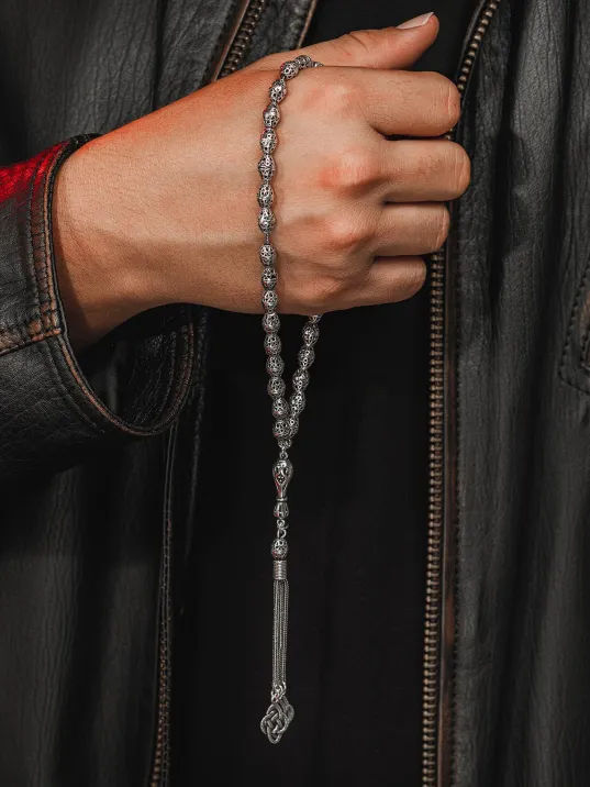 Erkek Tesbih - Sükun Oksitli 925 Ayar Gümüş Erkek Tespih Orta Boy 24gr