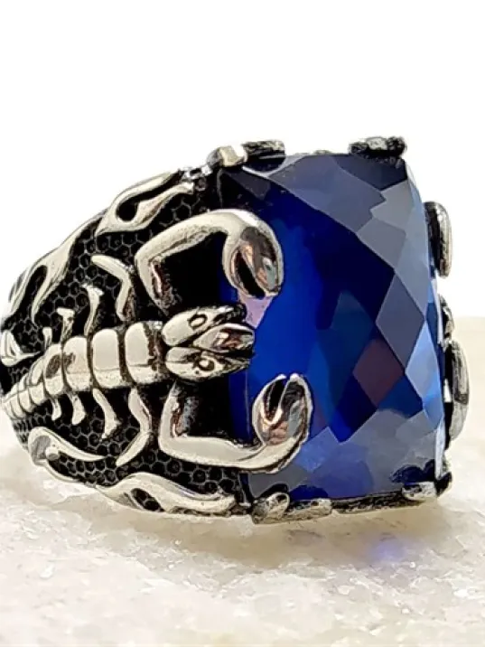 Mavi Zirkon Taşlı Akrep Figürlü Gümüş Erkek Yüzük