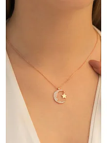 Kadın Gümüş Kolye - Kadın Rose Renk Kemal Atatürk Silüet Ay Yıldız Model Gümüş Kolye