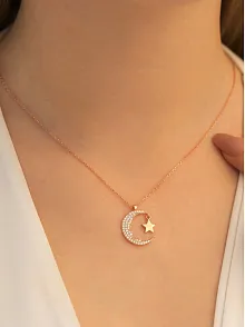 Kadın Gümüş Kolye - Kadın Rose Renk Kemal Atatürk Silüet Ay Yıldız Model Gümüş Kolye