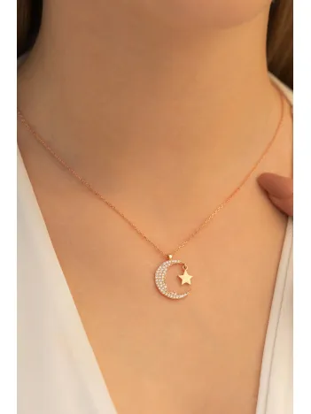 Kadın Gümüş Kolye - Kadın Rose Renk Kemal Atatürk Silüet Ay Yıldız Model Gümüş Kolye