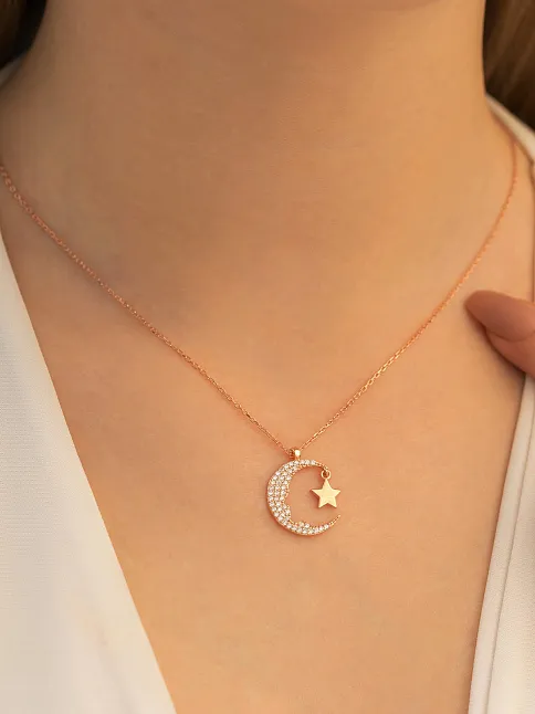 Kadın Gümüş Kolye - Kadın Rose Renk Kemal Atatürk Silüet Ay Yıldız Model Gümüş Kolye
