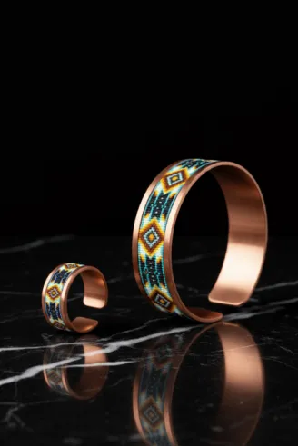 Kadın Bakır Bileklik Yüzük Set - Polka Model Özel Baskı Metal Kutu Ve Kuvars Taşı