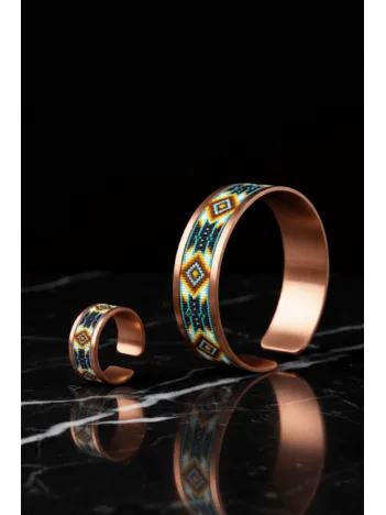 Kadın Bakır Bileklik Yüzük Set - Polka Model Özel Baskı Metal Kutu Ve Kuvars Taşı