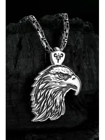 Erkek Gümüş Kolye - Kartal Kafası Motifli Büyük Boy Kral Zincirli Erkek Kolye
