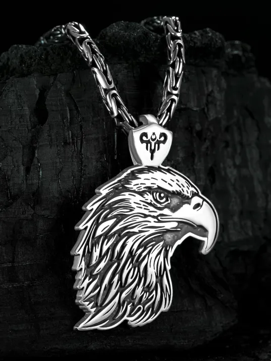 Erkek Gümüş Kolye - Kartal Kafası Motifli Büyük Boy Kral Zincirli Erkek Kolye