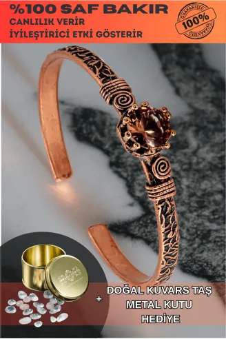 Kadın Bakır Bileklik - Zultanit Taşı Model 2 Ağaç Kabuğu Model İnce Metal Kutu Kuvars Taşlı Bilezik