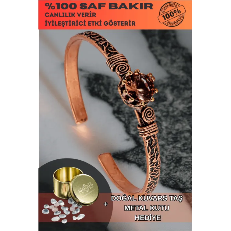 Kadın Bakır Bileklik - Zultanit Taşı Model 2 Ağaç Kabuğu Model İnce Metal Kutu Kuvars Taşlı Bilezik