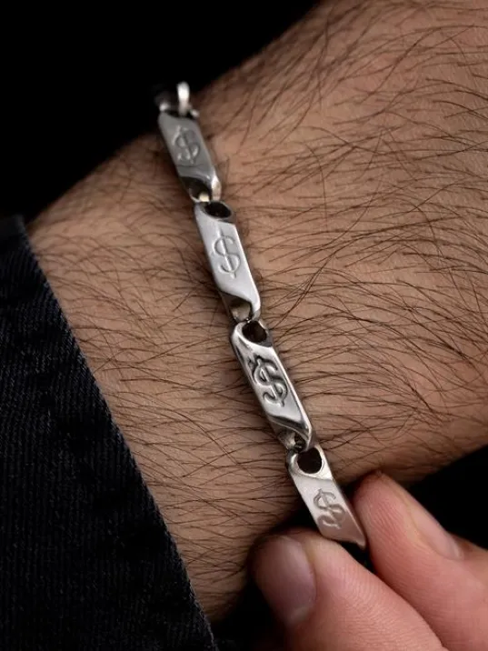 Erkek Çelik Bileklik - Dolar Motifli Orta Kalınlıkta Çelik Bileklik