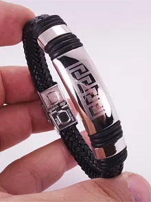 Suni Deri Çelik Erkek Bilekliği Künye Grek Tasarım