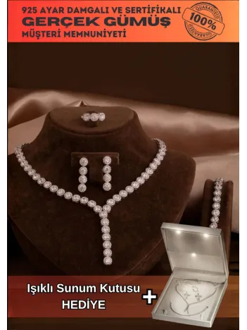 Kadın Gümüş Takı Seti - Şahmeran Yuvarlak Model Zirkon Taşlı Kolye, Bileklik, Yüzük, Küpe Tam Set