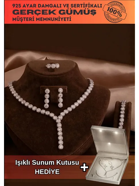 Kadın Gümüş Takı Seti - Şahmeran Yuvarlak Model Zirkon Taşlı Kolye, Bileklik, Yüzük, Küpe Tam Set