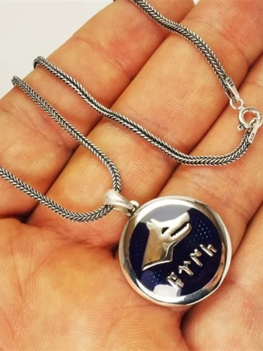 Göktürkçe Türk Yazılı Lacivert Mineli Bozkurt Gümüş Erkek Kolye Zincir