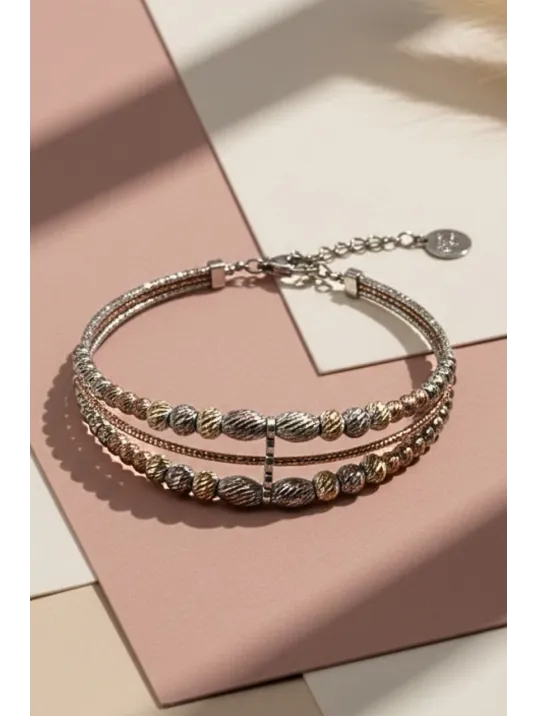 Kadın Gümüş Bileklik - Sarmal Dokulu Boncuk Üç Sıra Kelepçe Model Bilezik Kadın Gümüş Bileklik - Sarmal Dokulu Boncuk Üç Sıra Kelepçe Model Bilezik