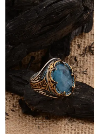 Mavi Paraiba Taşlı Kenarları Zirkon İşlemeli Erkek 925 Ayar Gümüş Yüzük GYZPARBIAYZ-MAV