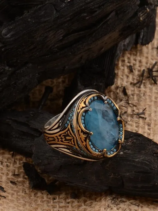 Mavi Paraiba Taşlı Kenarları Zirkon İşlemeli Erkek 925 Ayar Gümüş Yüzük GYZPARBIAYZ-MAV