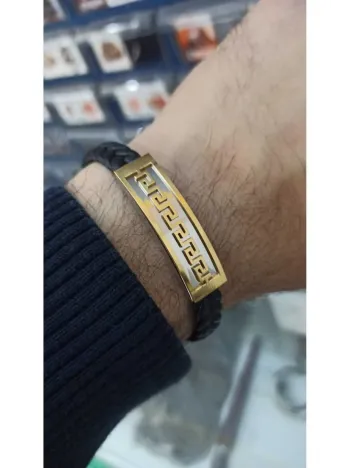 Grek Desenli Suni Deri Erkek Çelik Bileklik