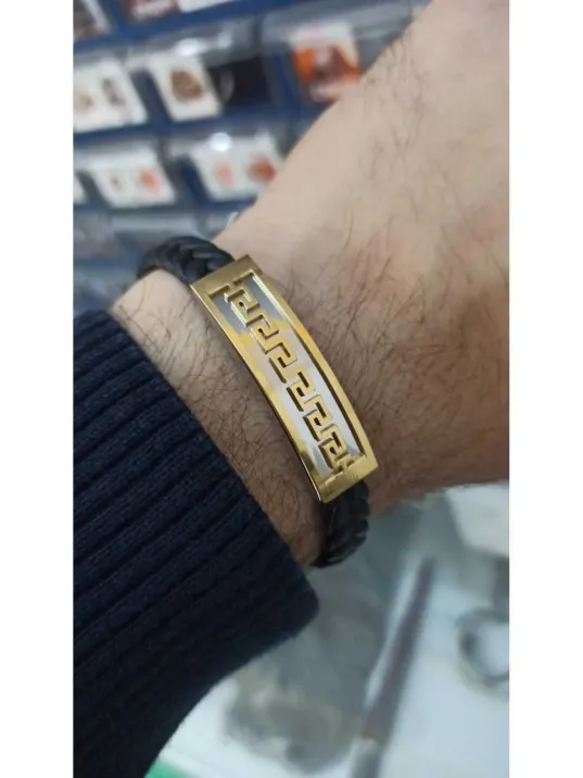 Grek Desenli Suni Deri Erkek Çelik Bileklik