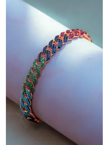 Kadın Gümüş Bileklik - Rose Kaplama Renkli Zirkon Taşlı Gurmet Zincir Model Kadın Bileklik