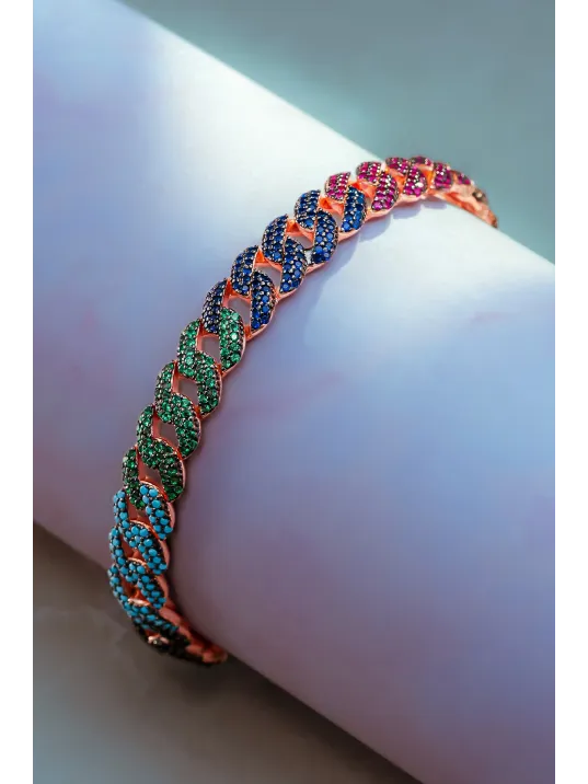 Kadın Gümüş Bileklik - Rose Kaplama Renkli Zirkon Taşlı Gurmet Zincir Model Kadın Bileklik Kadın Gümüş Bileklik - Rose Kaplama Renkli Zirkon Taşlı Gurmet Zincir Model Kadın Bileklik