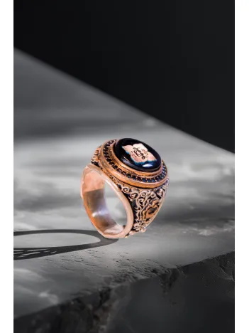 Oniks Taşlı Türk Bayraklı 925 Ayar Erkek Gümüş Yüzük Zirkon Taş ve Osmanlı İşlemeli