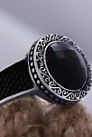 Yuvarlak Siyah Oniks Taşlı Kristal Kesim Özel Seri Erkek Gümüş Yüzük