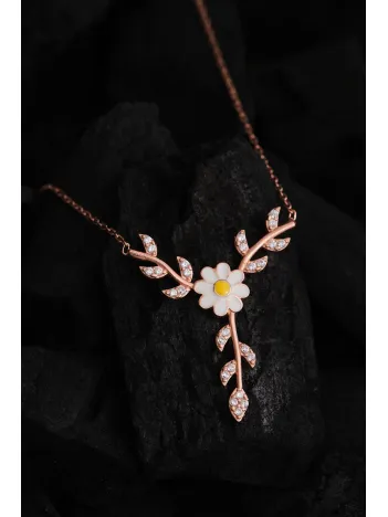 Kadın Gümüş Kolye - Sevgililer Günü - Hediye - Zirkon Taşlı Yaprak Model Papatya Kadın Kolye