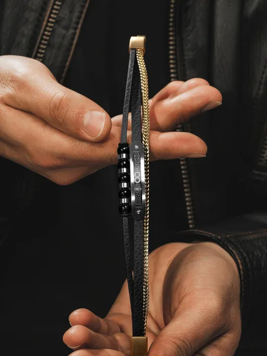 Doğal Oniks Taşlı Deri Çelik 3 lü Erkek Bileklik Sonsuzluk Ve Grek Motifli