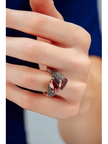 Kadın Gümüş Yüzük - Çift Damla Model Zultanit Taşlı Ayarlanabilir Kadın Yüzük