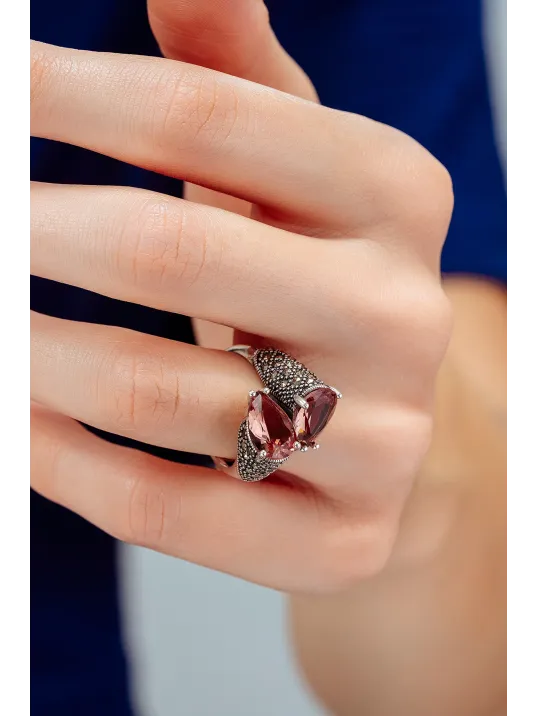 Kadın Gümüş Yüzük - Çift Damla Model Zultanit Taşlı Ayarlanabilir Kadın Yüzük