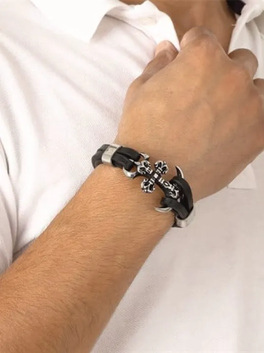 Erkek Deri Bileklik - Erkek Çelik Bileklik -  Koçbaşı Ve Çapa Figürlü Çelik Bileklik